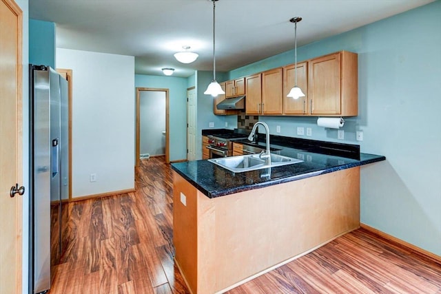 9305 Briar Haven Dr, Verona, WI 53593 - kitchen with under cabinet range hood, appliances with stainless steel finishes, dark wood finished floors, baseboards, and a sink