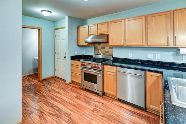 9305 Briar Haven Dr, Verona, WI 53593 - kitchen featuring stainless steel appliances, under cabinet range hood, light brown cabinets, light wood finished floors, and dark countertops