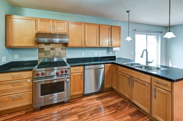 9305 Briar Haven Dr, Verona, WI 53593 - kitchen featuring stainless steel appliances, under cabinet range hood, a sink, a peninsula, and dark wood-style flooring