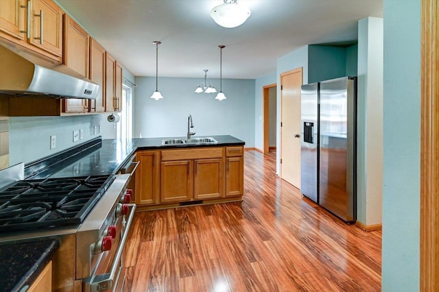 9305 Briar Haven Dr, Verona, WI 53593 - kitchen featuring appliances with stainless steel finishes, a sink, a peninsula, under cabinet range hood, and wood finished floors
