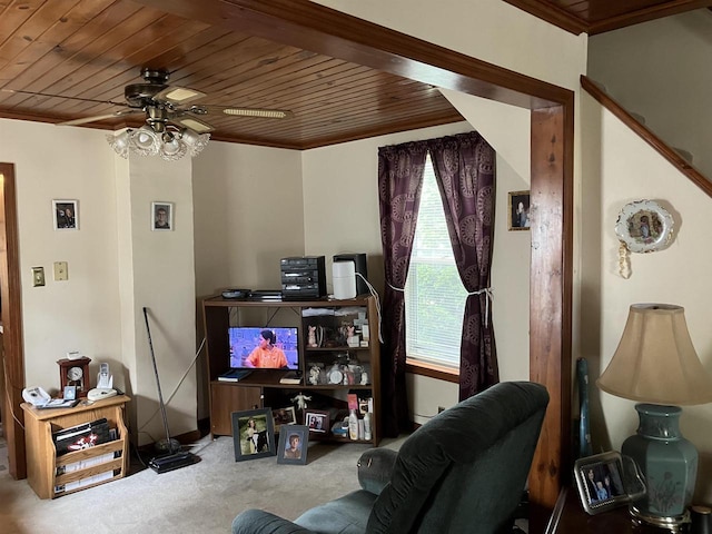397 W Division St, Fond Du Lac, WI 54935 - carpeted living room with wooden ceiling, a ceiling fan, and ornamental molding