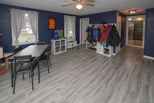 375 S Bridge St, Markesan, WI 53946 - dining area with wood finished floors, a ceiling fan, and baseboards