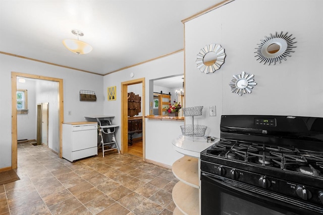 E3722 County Road Ee, Waupaca, WI 54981 - kitchen featuring black gas stove, stone finish flooring, baseboards, light countertops, and a chandelier
