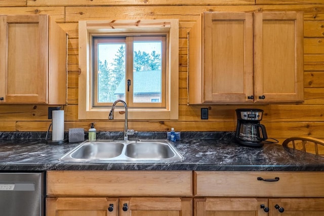 N11594 Woodland Dr, Tomahawk, WI 54487 - kitchen featuring a sink, stainless steel dishwasher, dark countertops, and wood walls