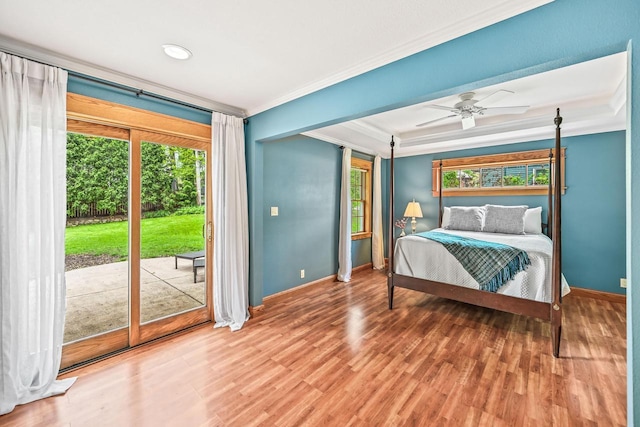 1333 N 120th St, Wauwatosa, WI 53226 - bedroom featuring access to outside, crown molding, baseboards, wood finished floors, and a ceiling fan