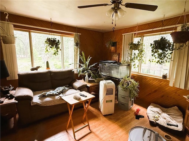10302W Cty Rd, D, Exeland, WI 54835 - living room featuring wood finished floors, plenty of natural light, wood walls, and ceiling fan