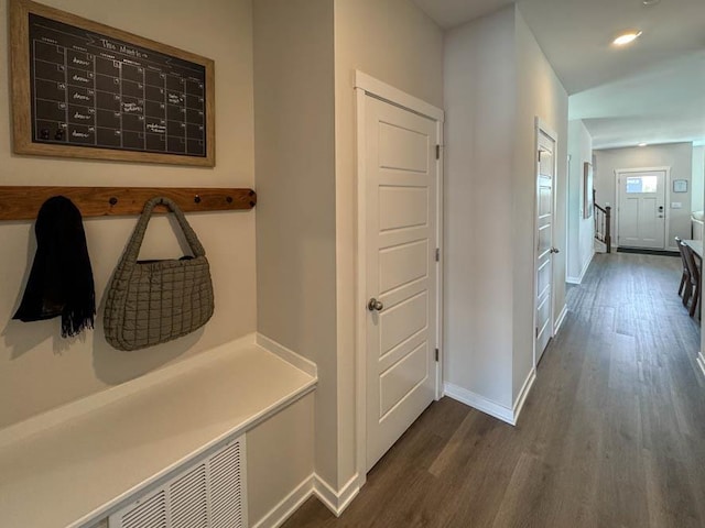 505 Oak Opening Dr, Stoughton, WI 53589 - mudroom with dark wood-style floors, baseboards, and recessed lighting