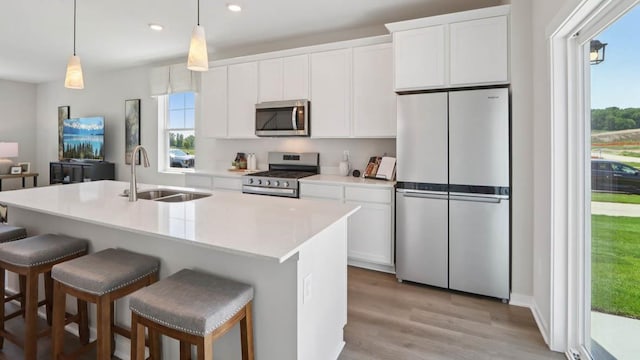 505 Oak Opening Dr, Stoughton, WI 53589 - kitchen featuring appliances with stainless steel finishes, plenty of natural light, recessed lighting, light wood-style flooring, and a breakfast bar area