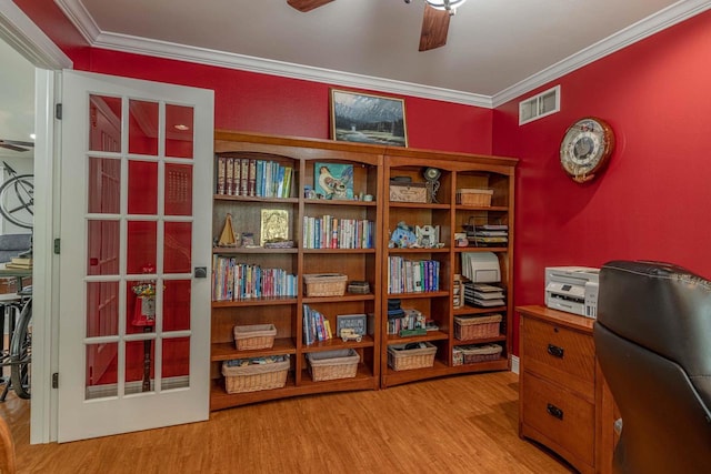 220 Grove St, Ridgeway, WI 53582 - office space with a ceiling fan, light wood-style flooring, and crown molding