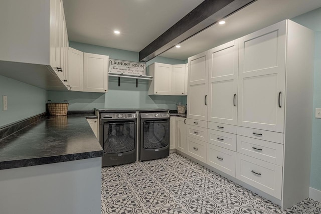 220 Grove St, Ridgeway, WI 53582 - laundry area with washing machine and dryer, cabinet space, and recessed lighting
