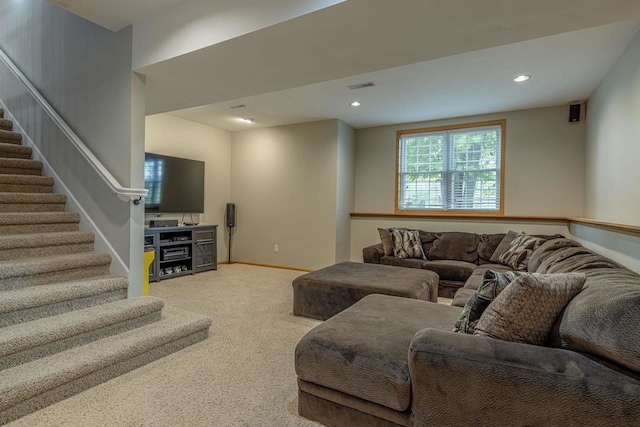 220 Grove St, Ridgeway, WI 53582 - living area with carpet flooring, stairway, recessed lighting, and baseboards