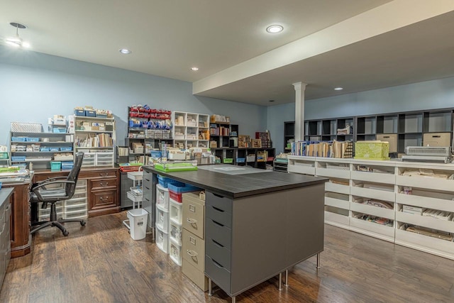 220 Grove St, Ridgeway, WI 53582 - home office featuring dark wood-type flooring, recessed lighting, and ornate columns