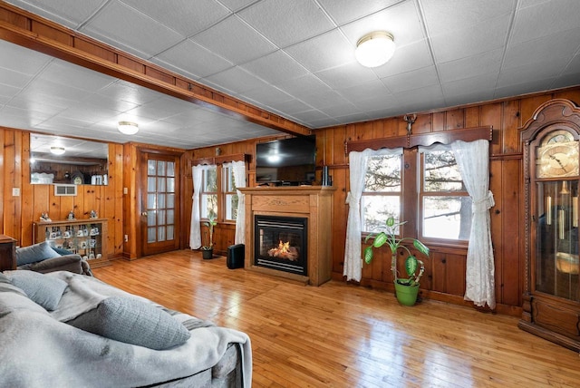 2901 W Forest Hill Ave, Franklin, WI 53132 - living area featuring wood walls, light wood finished floors, and a glass covered fireplace