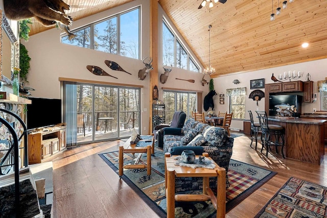 W6554 Wolf Lake Rd, Wausaukee, WI 54177 - living area with wooden ceiling, high vaulted ceiling, hardwood / wood-style flooring, ceiling fan, and a chandelier