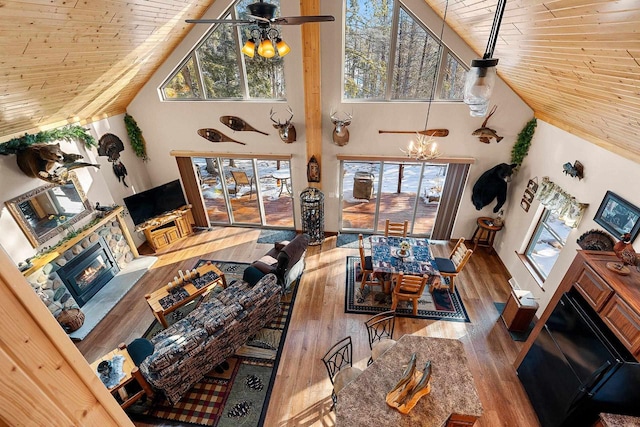 W6554 Wolf Lake Rd, Wausaukee, WI 54177 - living room with a fireplace, wooden ceiling, wood-type flooring, high vaulted ceiling, and plenty of natural light