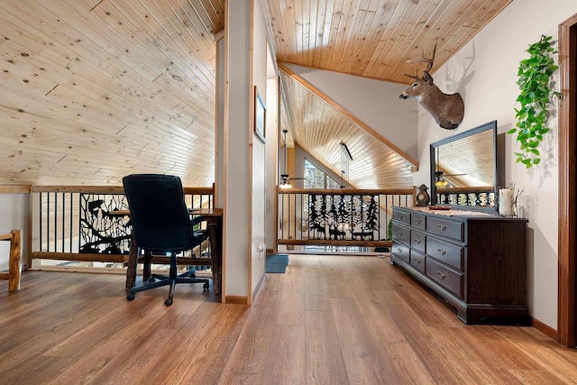 W6554 Wolf Lake Rd, Wausaukee, WI 54177 - office featuring lofted ceiling, wood finished floors, wooden ceiling, and baseboards