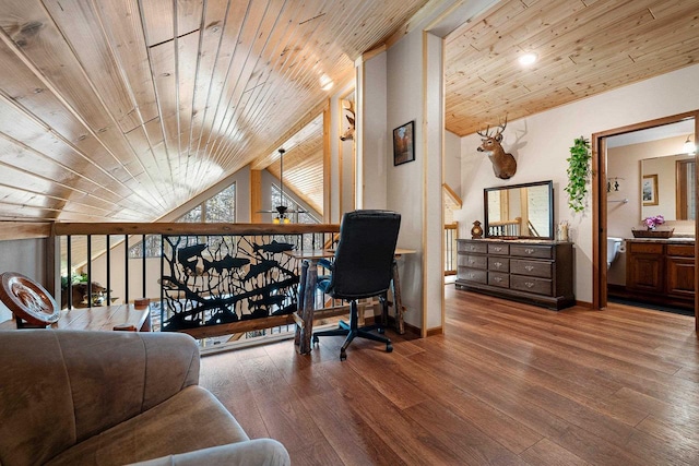 W6554 Wolf Lake Rd, Wausaukee, WI 54177 - home office with wood ceiling, lofted ceiling, wood finished floors, baseboards, and ceiling fan