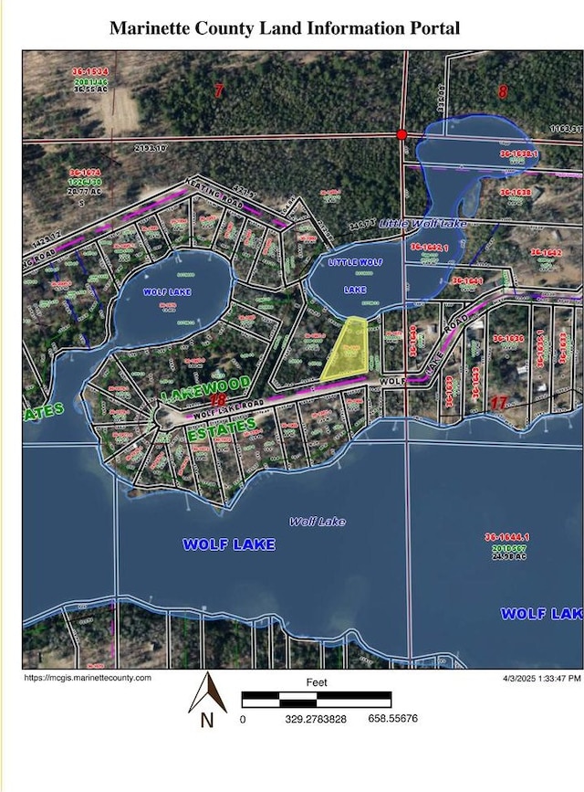 W6554 Wolf Lake Rd, Wausaukee, WI 54177 - map of property location featuring property boundaries highlighted