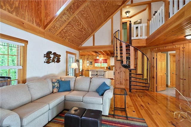 2706 28 1/8 St, Birchwood, WI 54817 - living area featuring high vaulted ceiling, hardwood / wood-style flooring, stairs, and wooden walls