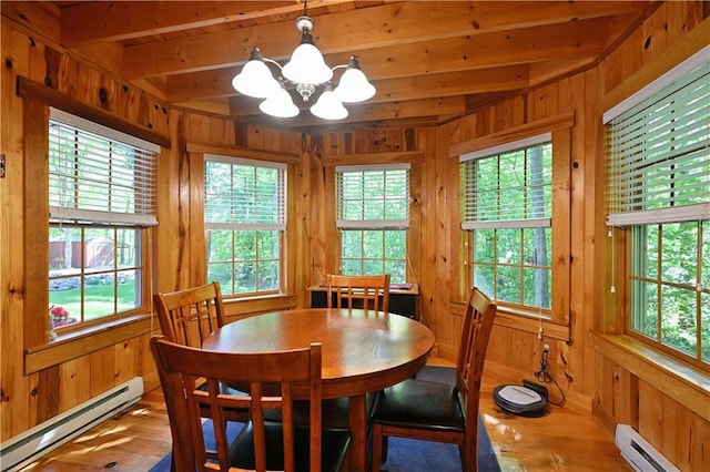 2706 28 1/8 St, Birchwood, WI 54817 - dining room featuring baseboard heating, a chandelier, plenty of natural light, wooden walls, and beamed ceiling