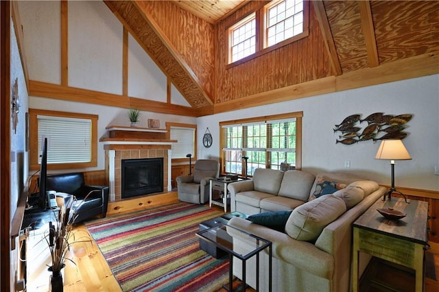 2706 28 1/8 St, Birchwood, WI 54817 - living room featuring a high ceiling, healthy amount of natural light, and a tile fireplace