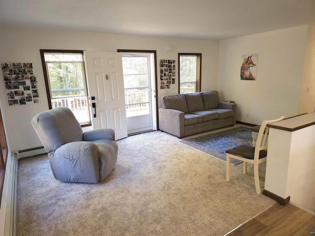 37375 E Bresette Hill Rd, Bayfield, WI 54814 - carpeted living room featuring healthy amount of natural light, a baseboard heating unit, and baseboards