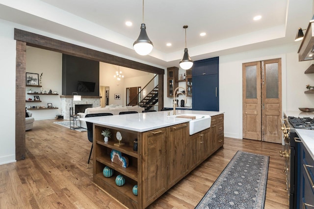 W329N6597 Forest Dr, Hartland, WI 53029 - kitchen featuring open shelves, a sink, light countertops, wood finished floors, and an island with sink