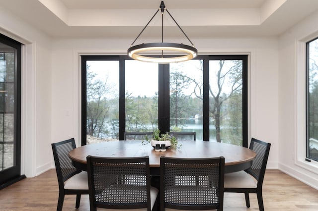 W329N6597 Forest Dr, Hartland, WI 53029 - dining room with a raised ceiling, light wood-style flooring, a chandelier, and baseboards