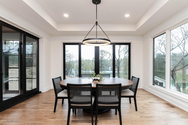 W329N6597 Forest Dr, Hartland, WI 53029 - dining space with a tray ceiling, healthy amount of natural light, light wood-style flooring, and recessed lighting