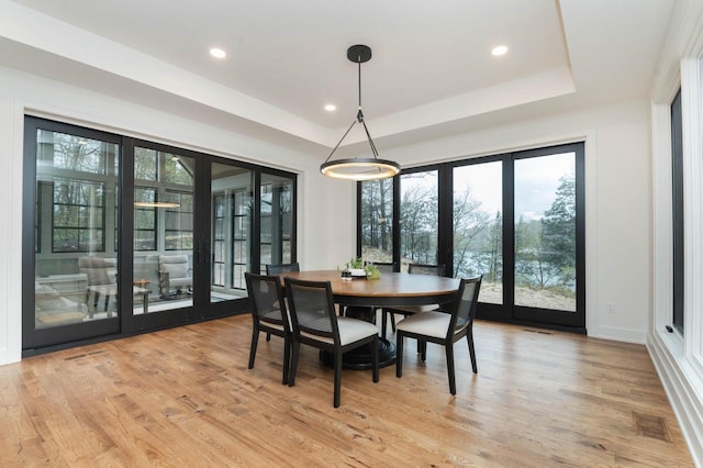 W329N6597 Forest Dr, Hartland, WI 53029 - dining space featuring healthy amount of natural light, a tray ceiling, light wood finished floors, and recessed lighting