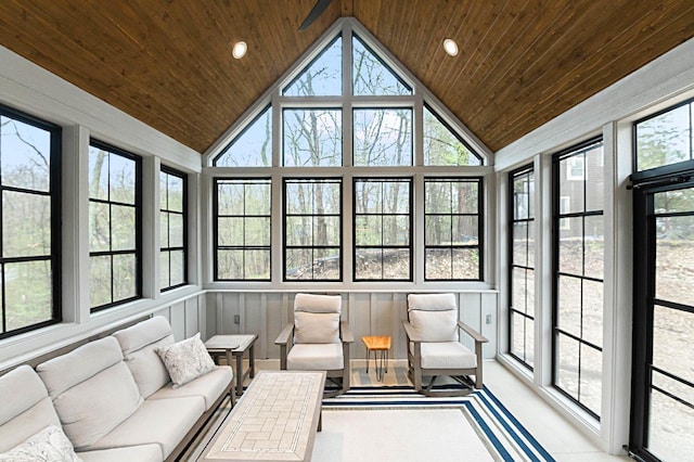 W329N6597 Forest Dr, Hartland, WI 53029 - sunroom with wood ceiling, recessed lighting, and high vaulted ceiling