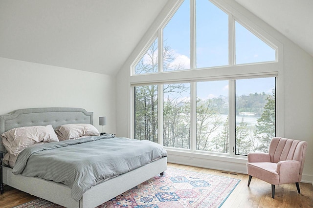 W329N6597 Forest Dr, Hartland, WI 53029 - bedroom with high vaulted ceiling, wood finished floors, and a water view