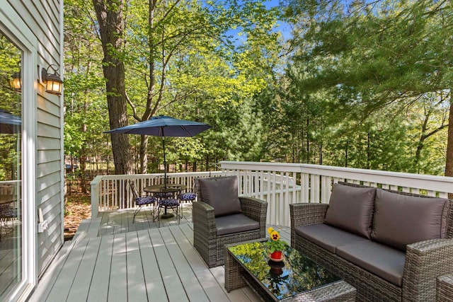 N1124 County Rd E, Waupaca, WI 54981 - wooden terrace featuring an outdoor hangout area and outdoor dining area