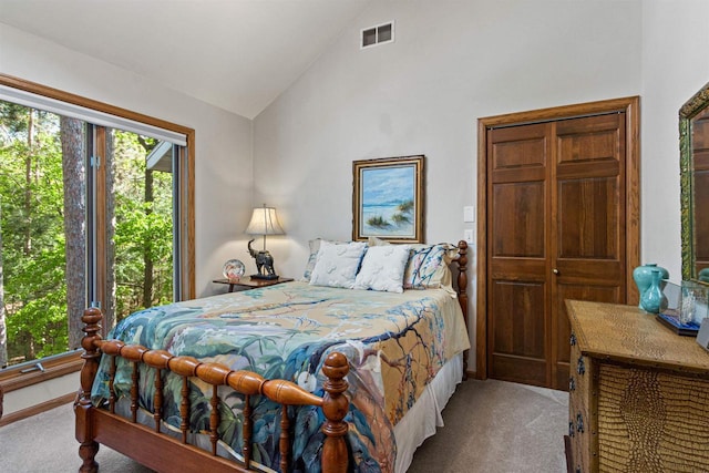 N1124 County Rd E, Waupaca, WI 54981 - bedroom with carpet flooring and high vaulted ceiling