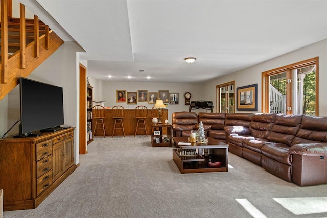 N1124 County Rd E, Waupaca, WI 54981 - living room featuring light carpet and bar area