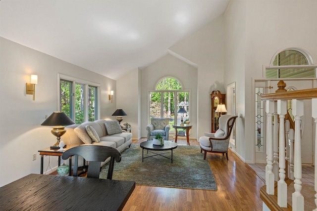 N1124 County Rd E, Waupaca, WI 54981 - living area featuring plenty of natural light, high vaulted ceiling, and wood finished floors
