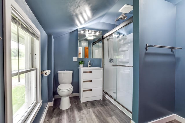 3218 Aalseth Ln, Stoughton, WI 53589 - bathroom featuring wood finished floors, a stall shower, vanity, toilet, and lofted ceiling