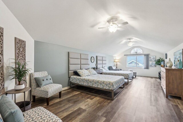 14048 W Waters Edge Trl, New Berlin, WI 53151 - bedroom featuring lofted ceiling, wood finished floors, ceiling fan, and baseboards