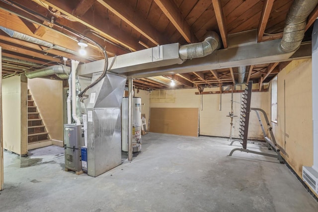 5936 N 35th St, Milwaukee, WI 53209 - unfinished basement with gas water heater, heating unit, and stairs