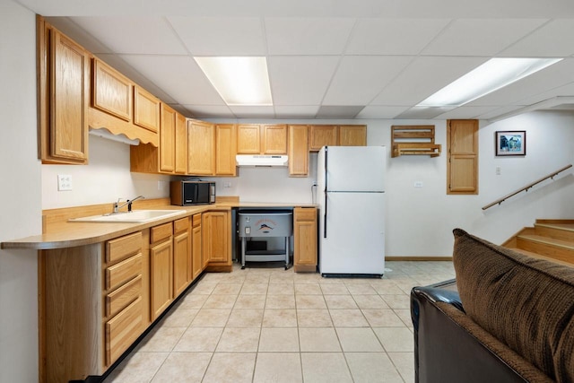 10029 W Spring Rd, Fox Lake, WI 53933 - kitchen with freestanding refrigerator, under cabinet range hood, a drop ceiling, a sink, and light countertops