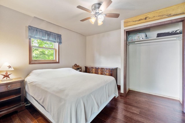 10029 W Spring Rd, Fox Lake, WI 53933 - bedroom featuring dark wood-type flooring, baseboards, a ceiling fan, and a closet