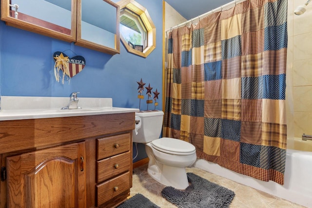 10029 W Spring Rd, Fox Lake, WI 53933 - bathroom with vanity, toilet, shower / tub combo with curtain, and tile patterned flooring