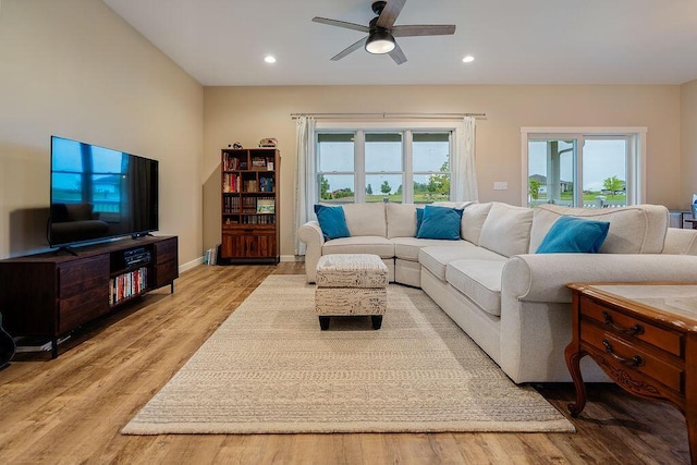 W4936 Battlestone Station Rd, La Crosse, WI 54601 - living room featuring ceiling fan, light wood finished floors, recessed lighting, and baseboards