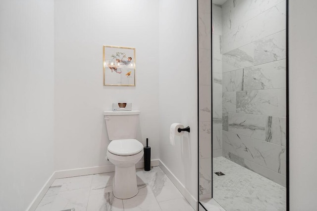 W4936 Battlestone Station Rd, La Crosse, WI 54601 - full bathroom featuring marble look tile flooring, baseboards, toilet, tiled shower, and a chandelier