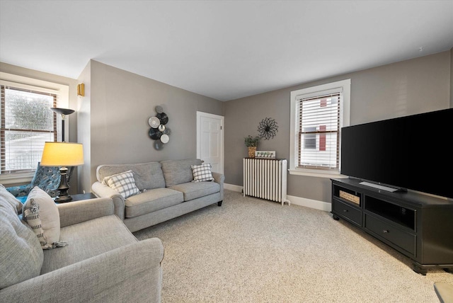 19 Hein Ave, Plymouth, WI 53073 - living room featuring radiator heating unit, baseboards, and carpet flooring