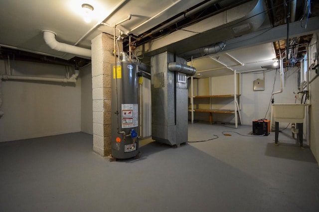 4407 N 57th St, Milwaukee, WI 53218 - unfinished basement featuring gas water heater, heating unit, and a sink