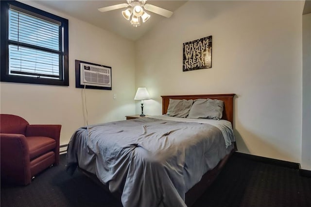 324 Douglas St, Chetek, WI 54728 - bedroom featuring a wall mounted air conditioner, a baseboard heating unit, vaulted ceiling, carpet floors, and ceiling fan