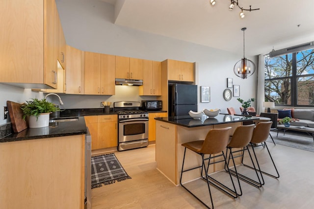 1924 N Hubbard St Unit 208, Milwaukee, WI 53212 - kitchen with black appliances, a sink, under cabinet range hood, light brown cabinets, and a breakfast bar area