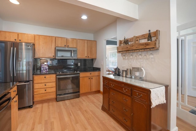 4781 N Idlewild Ave, Whitefish Bay, WI 53211 - kitchen featuring stainless steel appliances, backsplash, light wood finished floors, open shelves, and recessed lighting