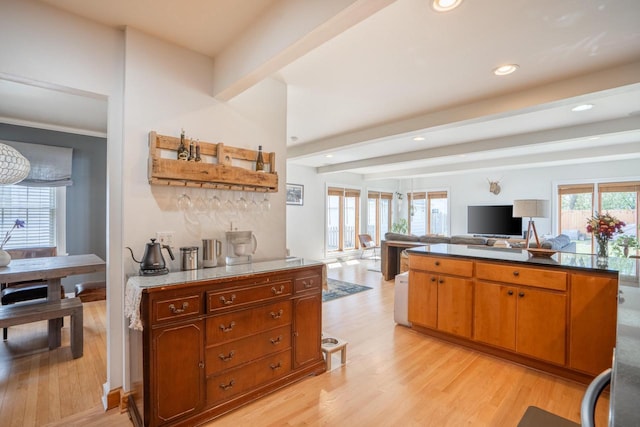 4781 N Idlewild Ave, Whitefish Bay, WI 53211 - kitchen featuring beamed ceiling, recessed lighting, light wood finished floors, open shelves, and brown cabinetry